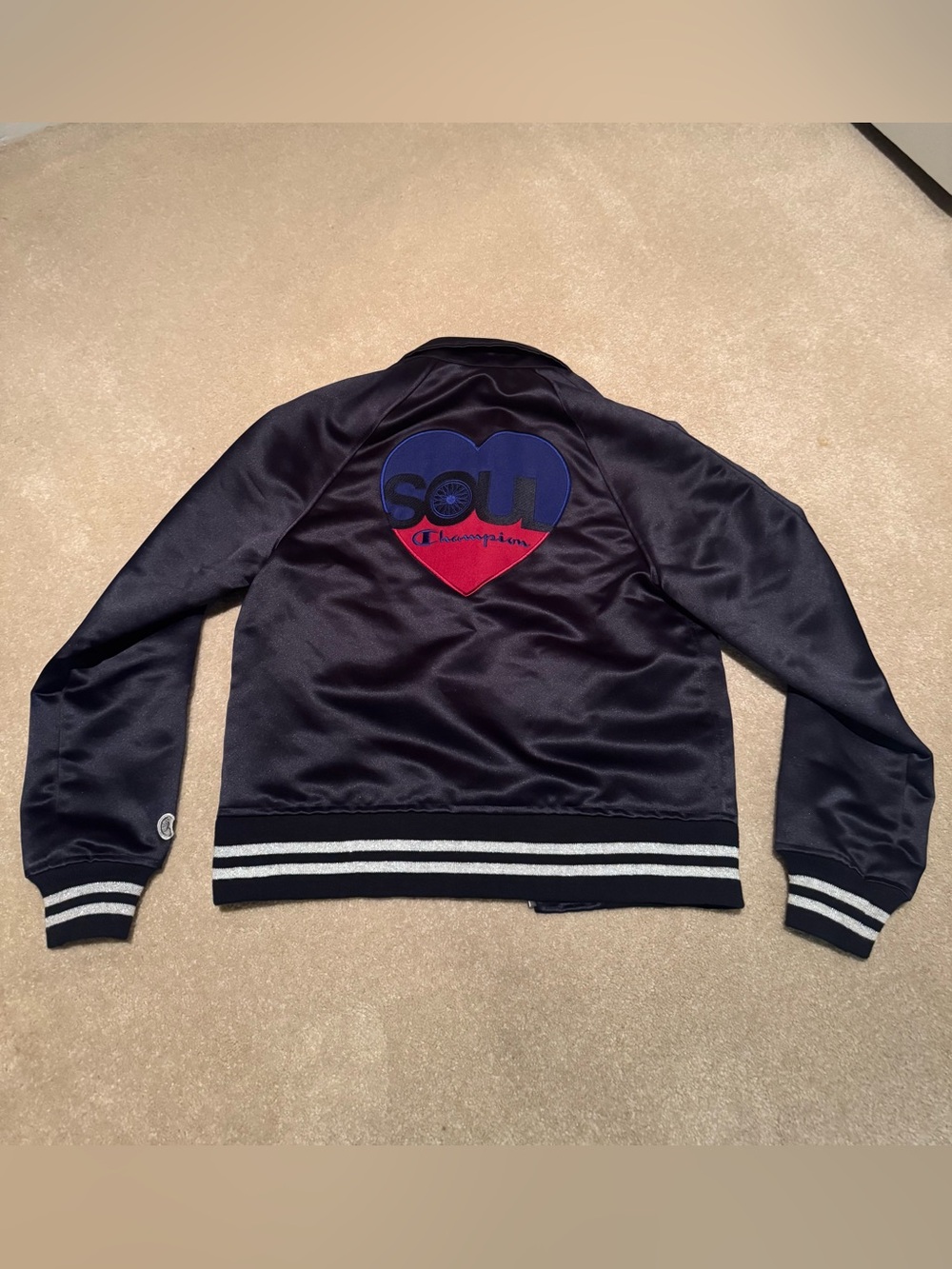 Todd Snyder x Champion Satin Bomber Jacket with Heart  Soul Cycle logo